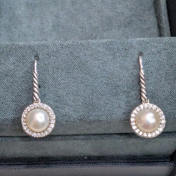 David Yurman Pearl and Pave Diamond Sterling Silver Cable Drop Earrings - RARE - Picture 1 of 7